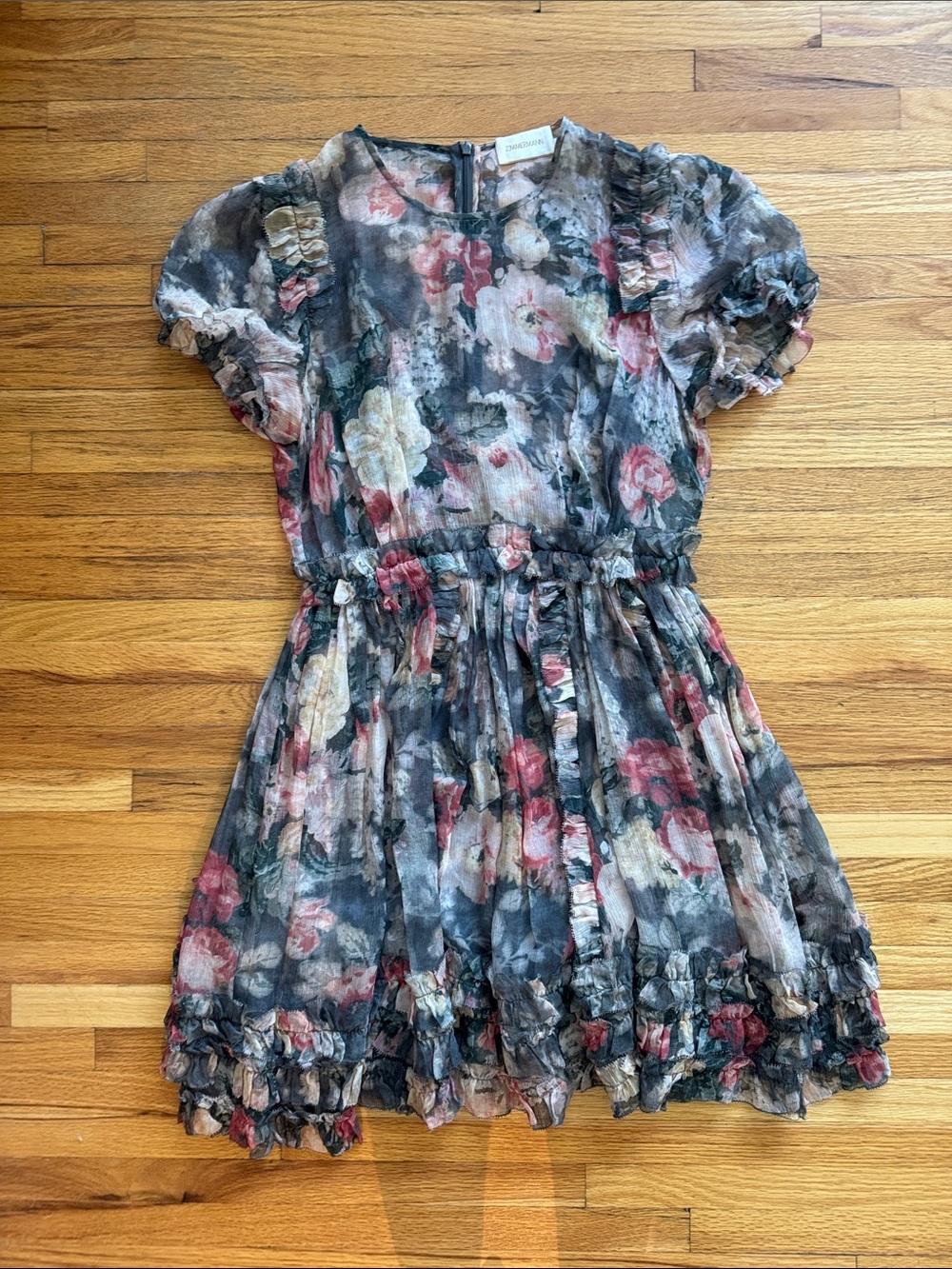 Zimmermann Radiate Ruffle Mini Dress Charcoal Gray Washed Floral - AU 2, US 8